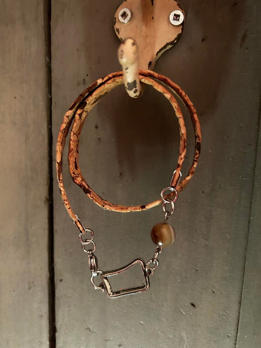 Bracelet double pour femme en liège plat avec pierre agate brune