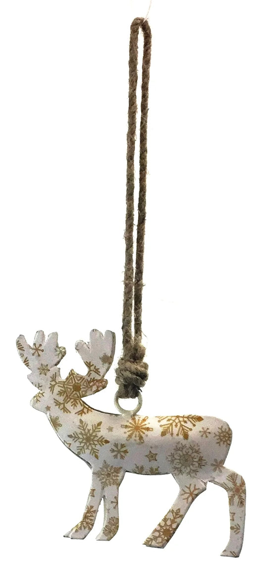 Chevreuil en métal blanc et flocons dorés à suspendre